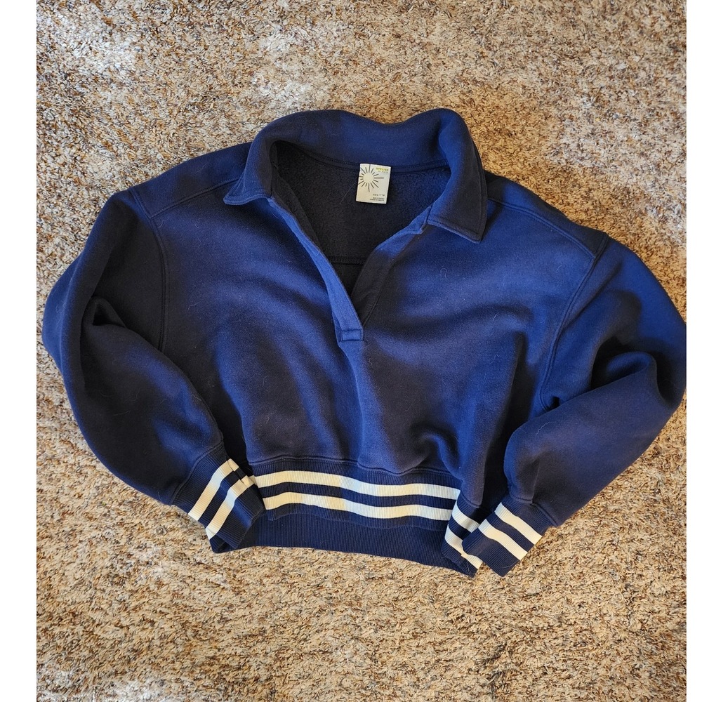 OFFLINE by Aerie Navy Blue Cloud Fleece Cropped Polo Sweatshirt Varsity XXS